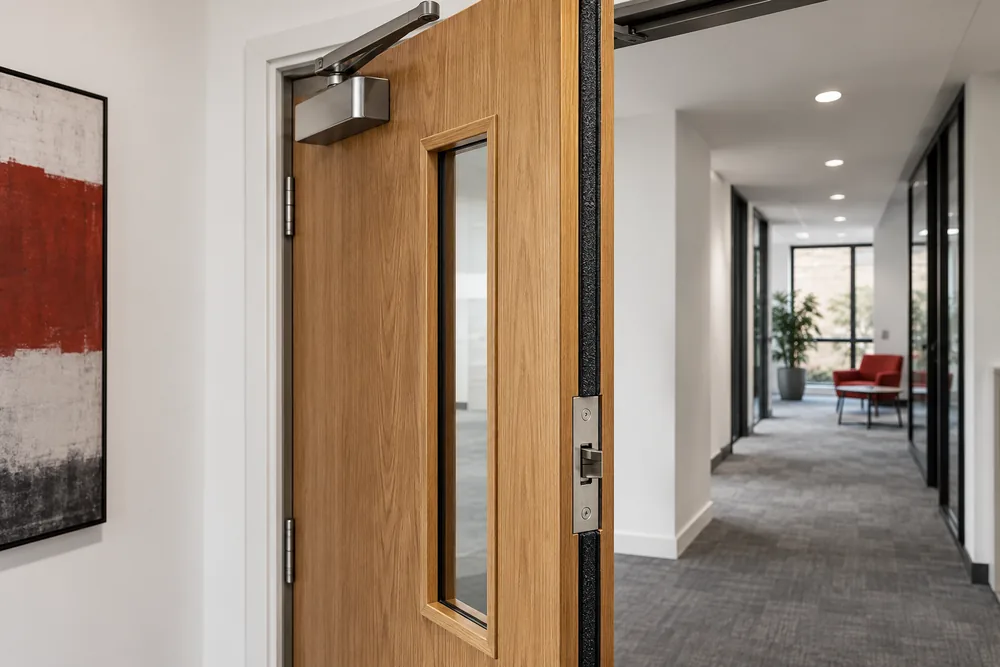 Commercial timber door assembly with overhead closer and visible edge seals