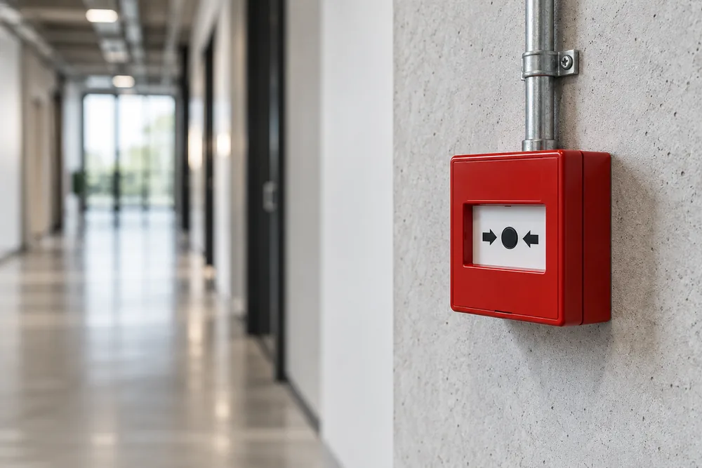 Red fire alarm call point installed on a commercial corridor wall