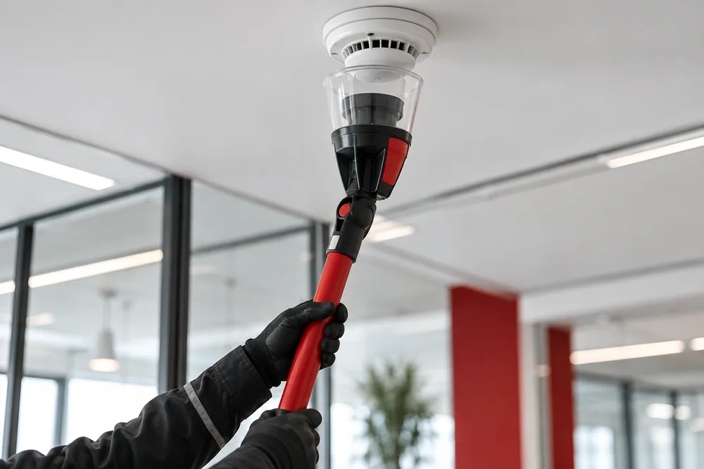 Technician using a telescopic test cup at a ceiling smoke detector