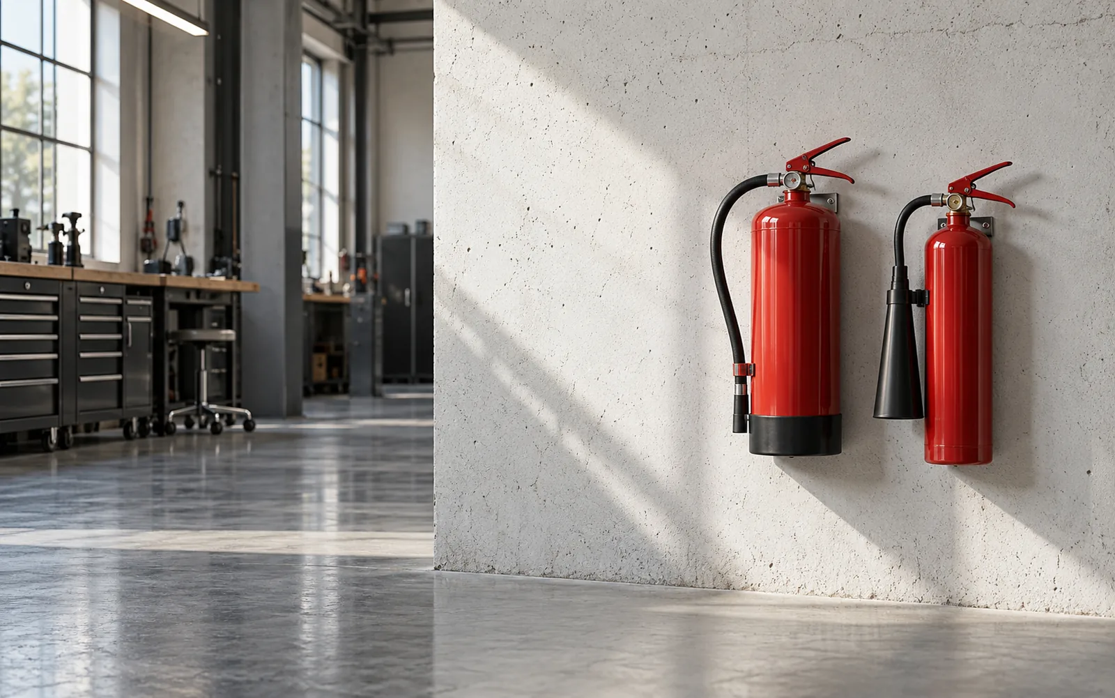 Red portable fire extinguishers mounted on a pale wall in a commercial workshop