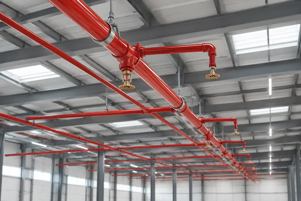 Red fire protection pipework and sprinkler heads in a warehouse